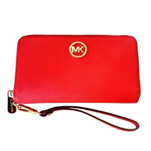 Michael Kors Red Saffiano Zip Wristlet with Gold MK Logo